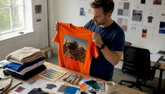 Ein Mann begutachtet im Atelier ein T-Shirt mit fotorealistischem Motiv.