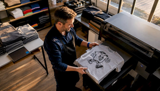 Ein erfahrener Mitarbeiter bedruckt im Studio ein T-Shirt aus Baumwolle.