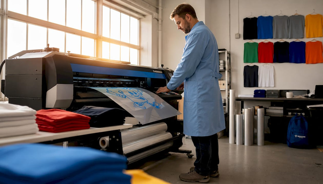 Ein Techniker arbeitet an einer DTF-Druckmaschine in der Werkstatt.