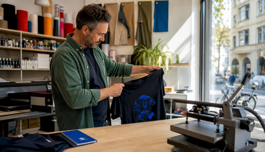 Ein Mann begutachtet ein frisch bedrucktes T-Shirt direkt nach dem Druck im örtlichen Textilstudio.