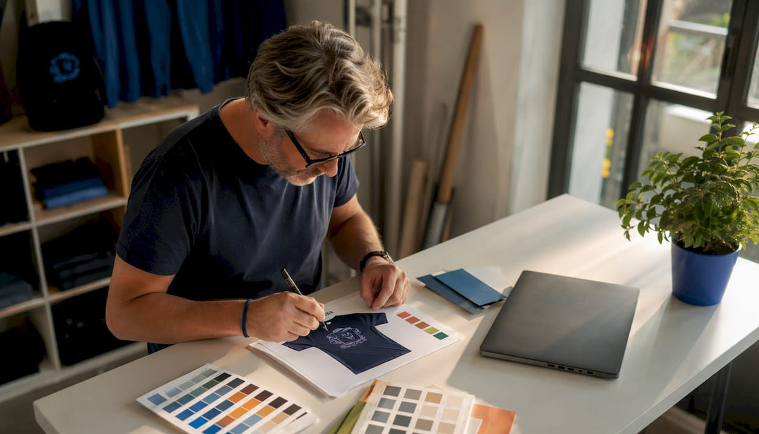 Ein Designer begutachtet am Schreibtisch den Andruck eines T-Shirts.