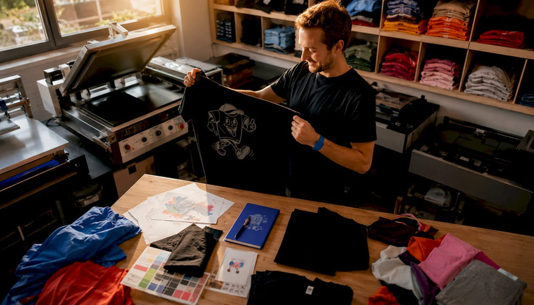 Ein Mann präsentiert stolz ein frisch bedrucktes T-Shirt in einem Textildruckgeschäft.