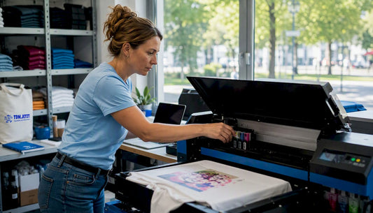 Eine Mitarbeiterin arbeitet an einem DTF-Drucker in der Werkstatt.