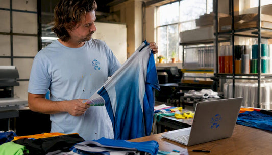 Ein Mitarbeiter prüft ein frisch sublimiertes Sportshirt direkt neben der Heißpresse auf Qualität.