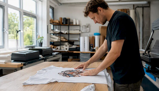 Mit geübten Händen wird ein individuell gestaltetes JGA-Shirt sorgfältig in der Druckwerkstatt geglättet.