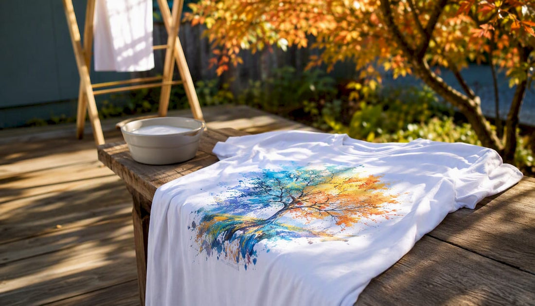 Ein zusammengelegtes T-Shirt mit modernem DTF-Print liegt auf einem Holztisch.