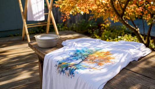 Ein zusammengelegtes T-Shirt mit modernem DTF-Print liegt auf einem Holztisch.