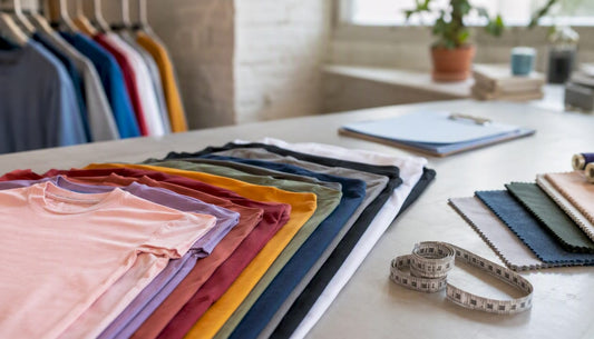 Arbeitsplatz mit T-Shirt-Stoffmustern und Maßband