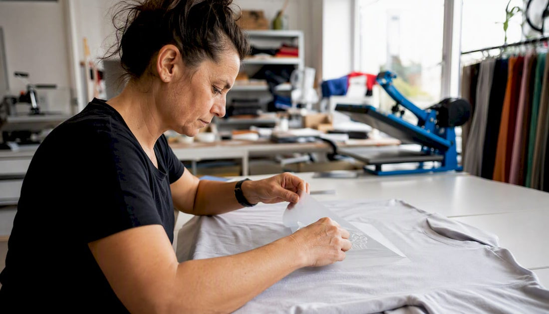 Mit geübten Händen wird eine DTF-Folie sorgfältig auf ein Arbeitsshirt aufgebracht.