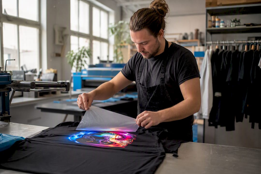 Hände, die einen DTF-Druck von einem Shirt abziehen