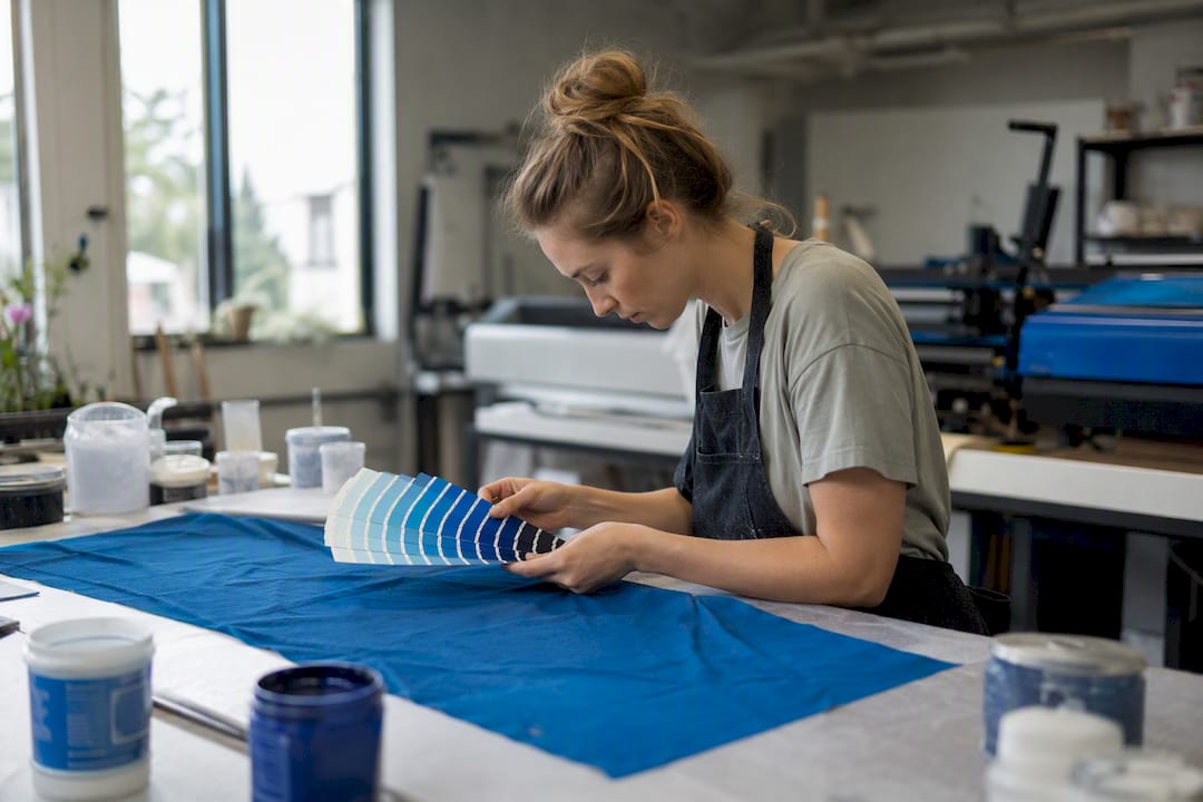 Hände, die Pantone-Farbmuster über bedrucktem Stoff halten