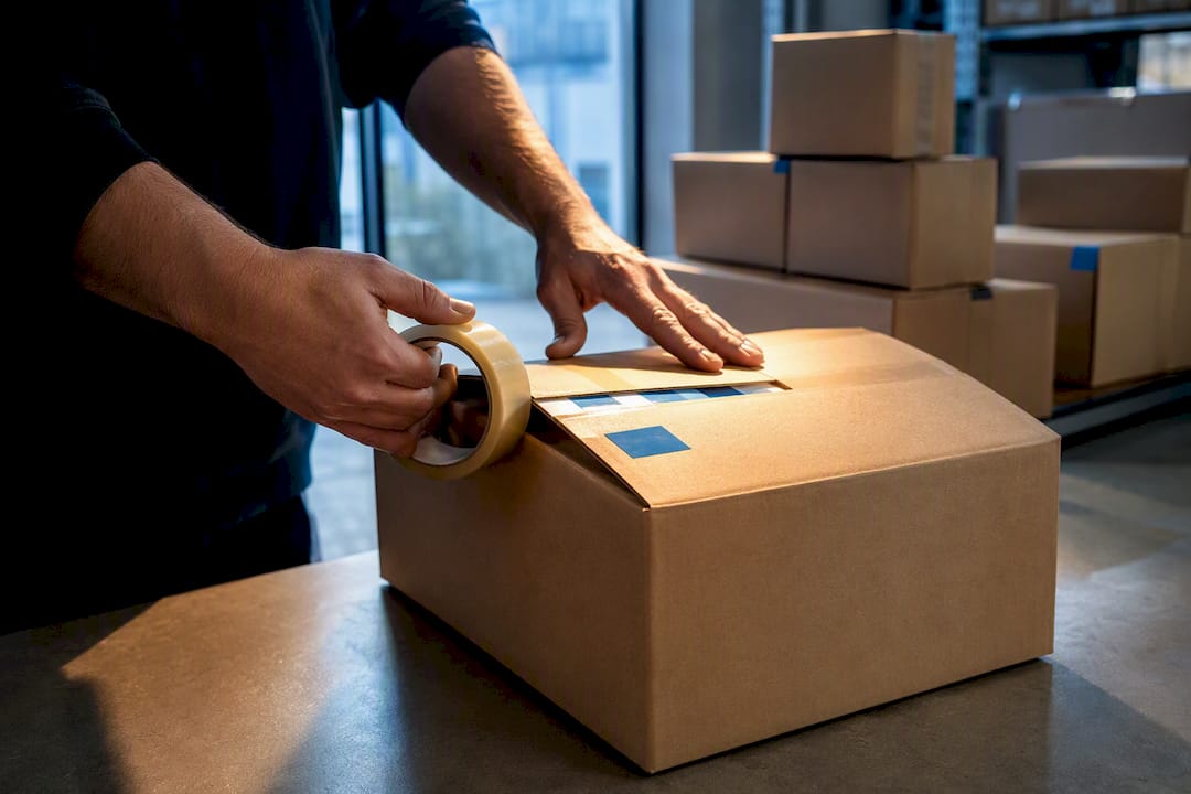 Versandkarton mit bedrucktem Stoffstück
