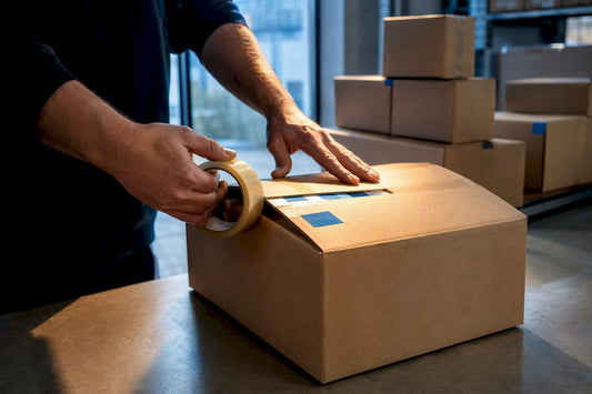 Versandkarton mit bedrucktem Stoffstück