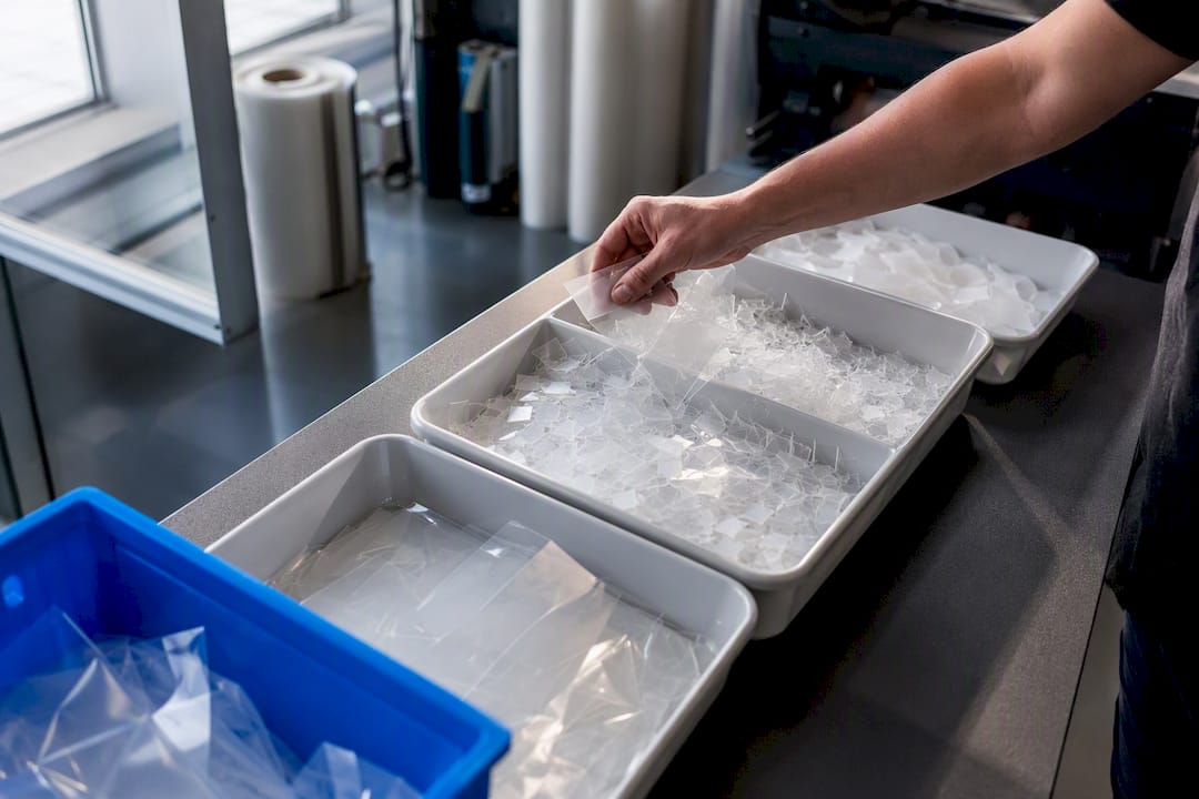 Sortierte DTF-Folienreste in Recyclingbehältern