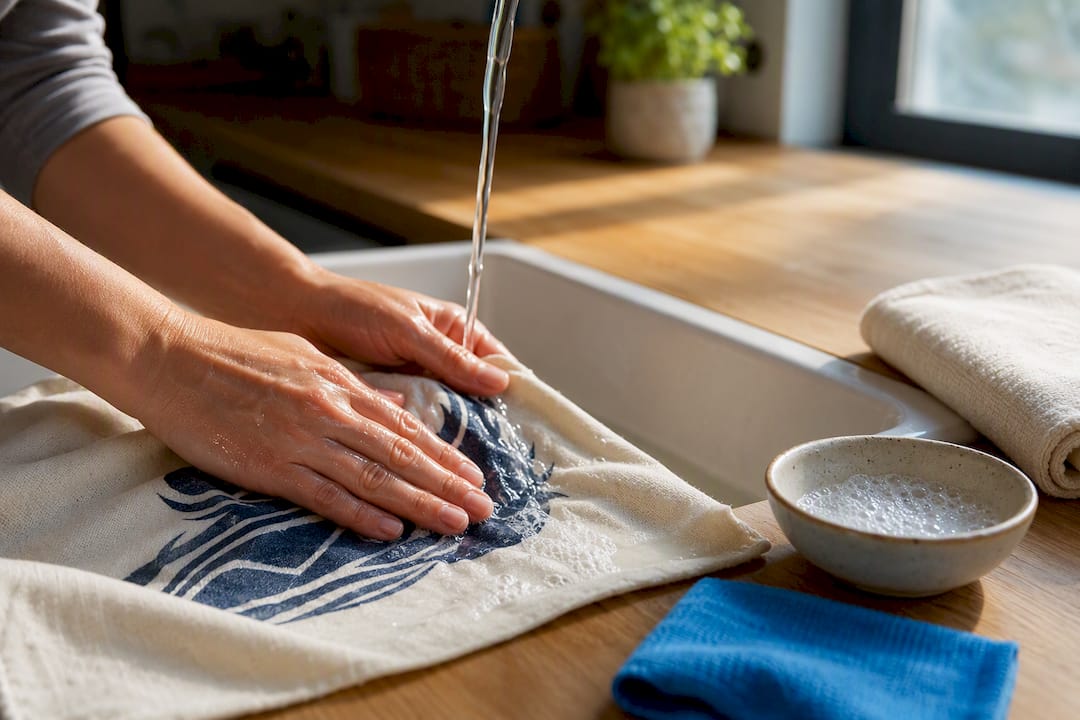 Bedruckte Stofffläche vorsichtig von Hand waschen