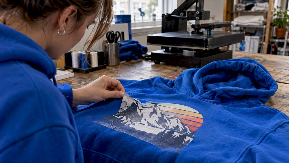 Abblätternder DTF-Druck auf einem blauen Hoodie