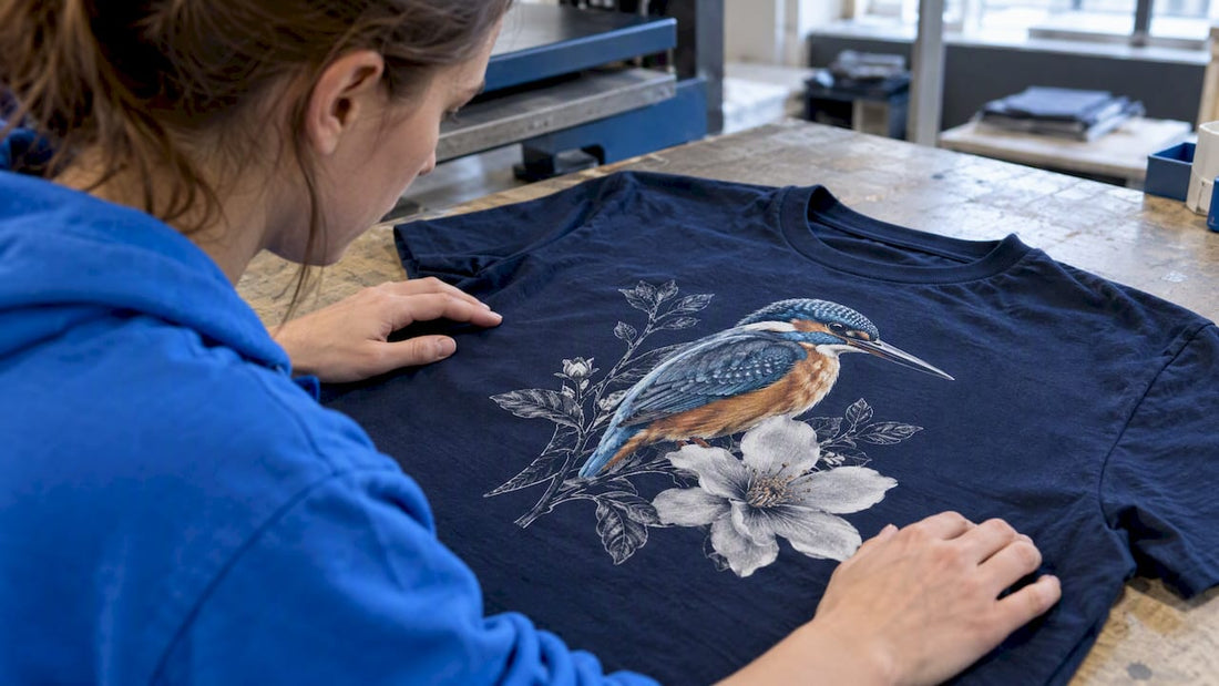 Feine DTF-Details auf dunkelblauem Shirt