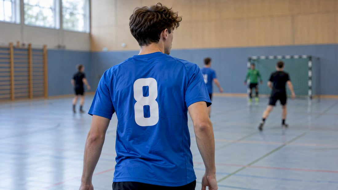 Teamsportler trägt ein blaues Funktionsshirt mit Nummer