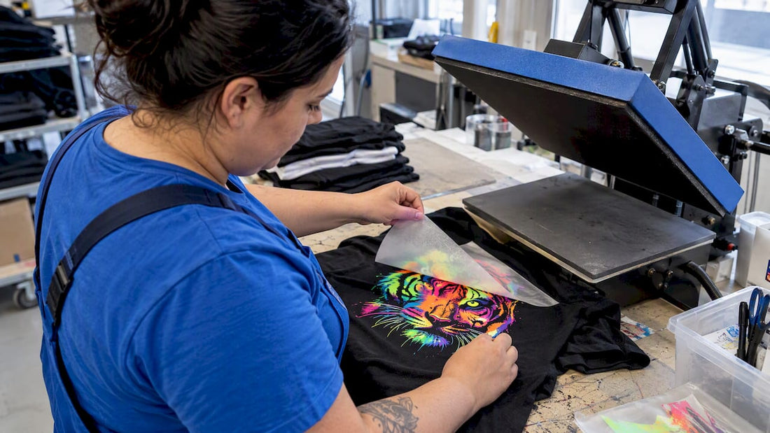 Das Neon-DTF-Motiv wird vom T-Shirt abgezogen