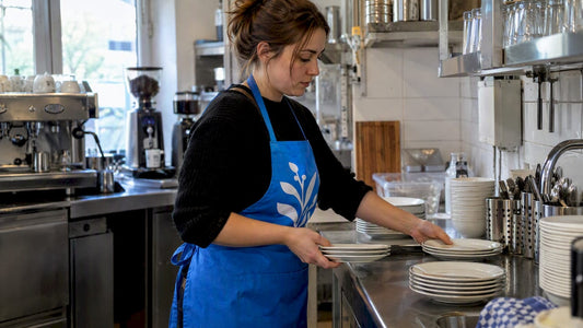Kaffeefachkraft mit bedruckter blauer Schürze