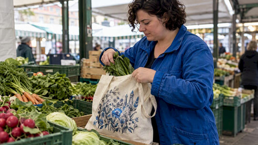 Bedruckte Baumwolltasche beim Einkaufen auf dem Markt