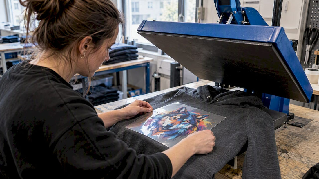 DTF-Transfer wird auf den Hoodie gepresst